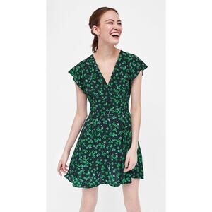 Zara Flutter Sleeve Floral Mini Dress Medium Green Black V Neck Garden Girl